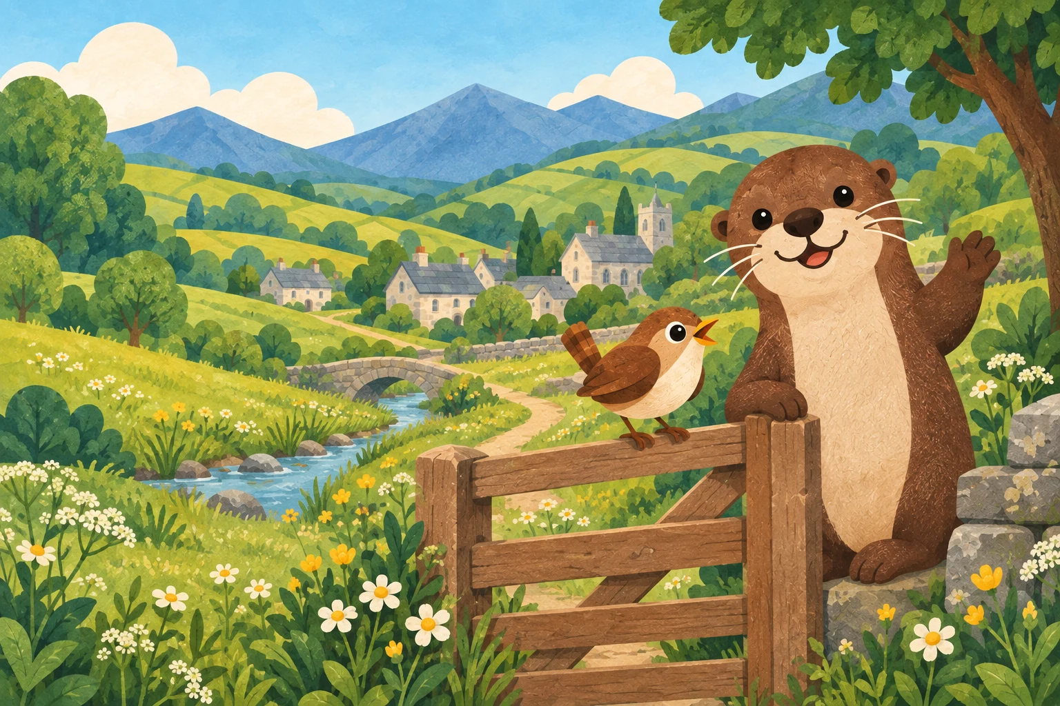 An illustrated Welsh valley with a path, a garden and a friendly little wren.